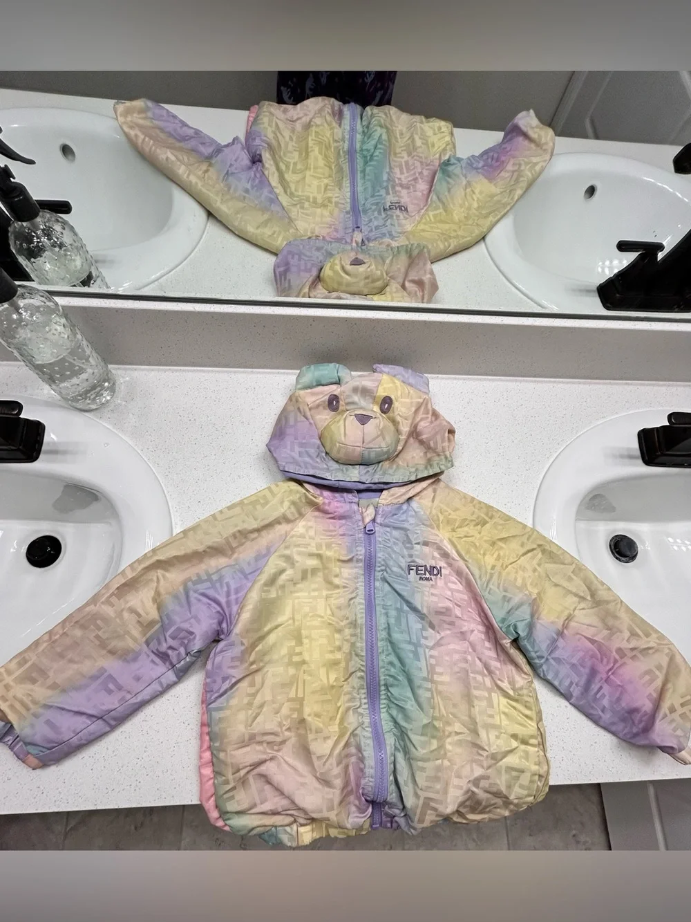 Fendi Pastel Rainbow Bear Hooded Puffer Jacket